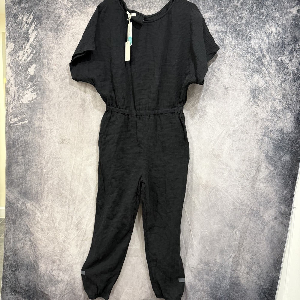 Z Supply Jumpsuit Kahlo Gauze Black XL Elastic Waist Short Sleeve Breathable